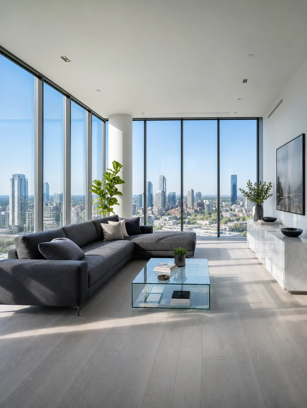 Interior window cleaning in a bright living room