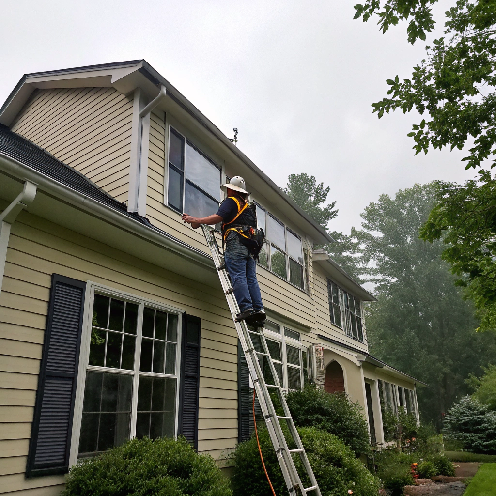 Professional cleaning windows on a residential home with a water fed pole system