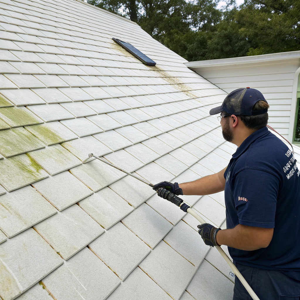 Professional roof cleaning on a residential home