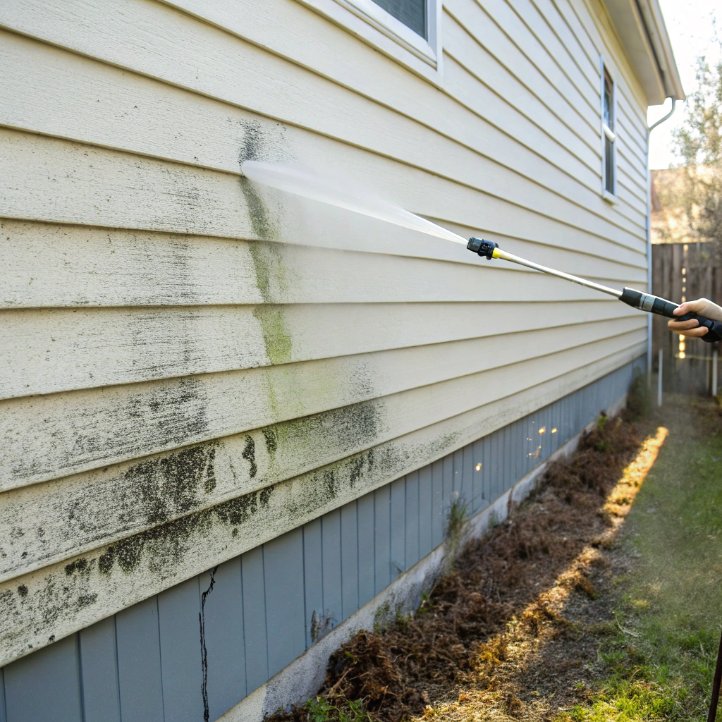 Detail of siding being cleaned with soft wash