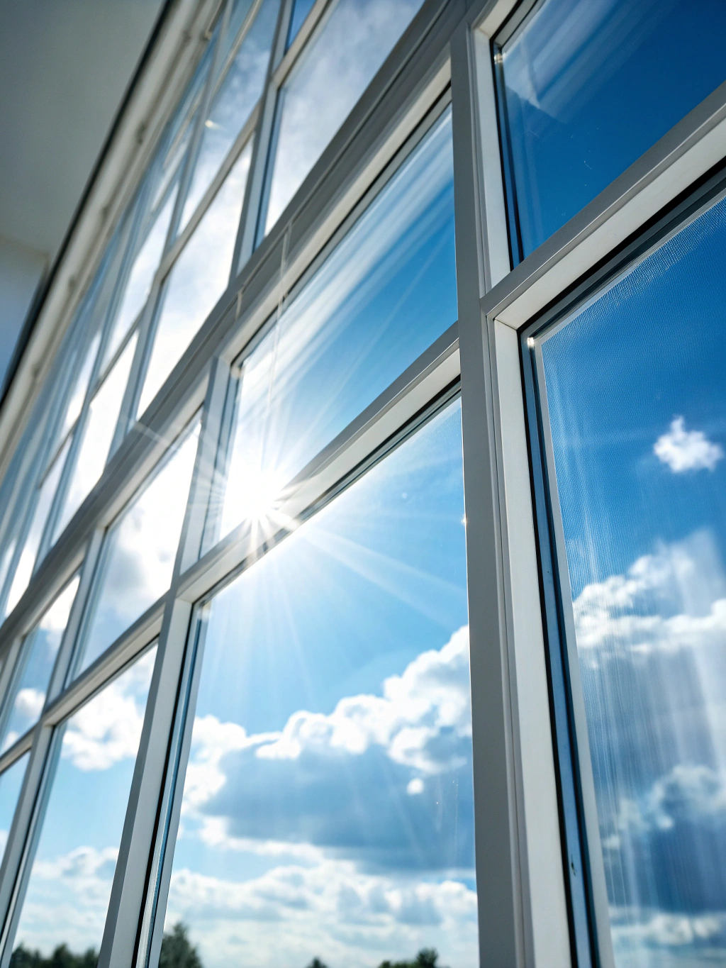 Close-up of a clean window pane reflecting the sky